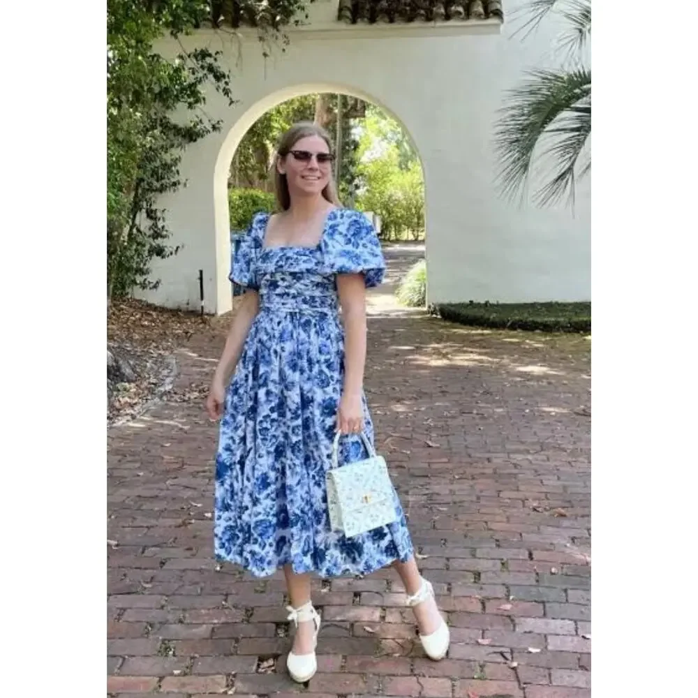 Abercrombie & Fitch Womens Blue Floral Smocked Puff Sleeve Fit & Flare Dress XST